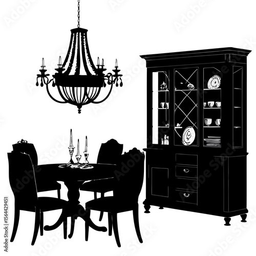 Black Silhouette Dining Room Set Antique Chandelier Buffet Table Chairs