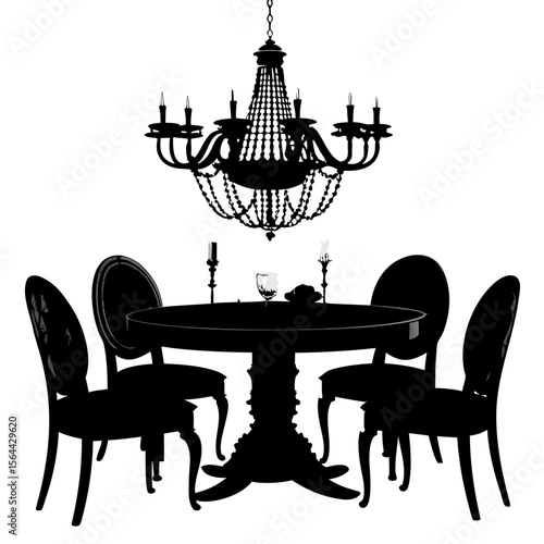 Black Silhouette Elegant Dining Room Table Setting Crystal Chandelier
