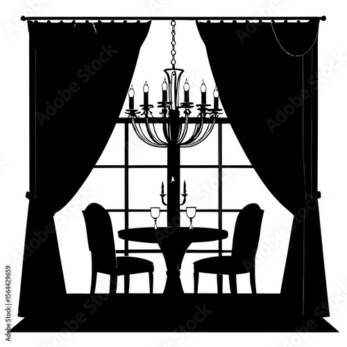 Black Silhouette Romantic Dining Room Setting with Chandelier and Curtains