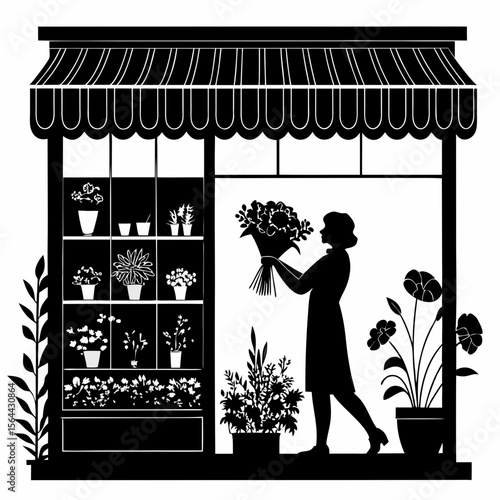 Black and White Silhouette Florist Shop Woman Holding Flowers