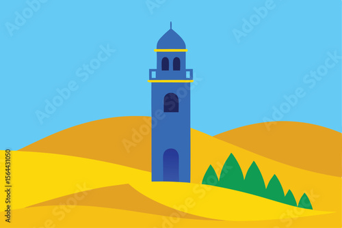 A blue tower stands in a yellow desert landscape under a clear blue sky.