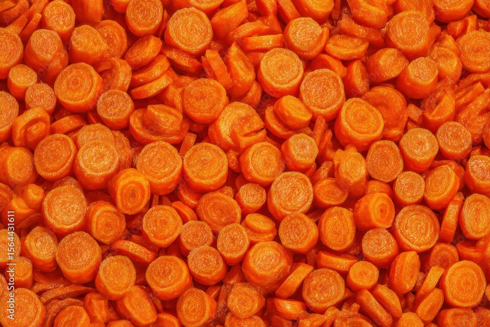 Fototapeta premium Bright Orange Carrot Slices Pile, Round Carrot Pieces Background, Vibrant Vegetable Detail