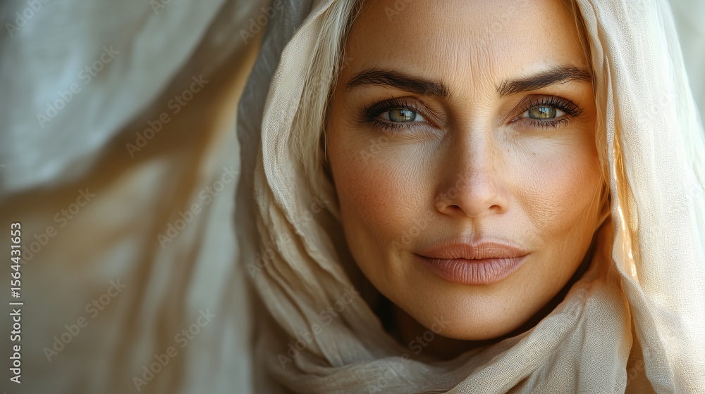 Elegant mature woman in light beige hijab, close-up. Elegant mature woman in light beige hijab, close-up.