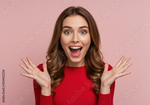 Woman with open mouth and hands raised in surprise against pink backdrop