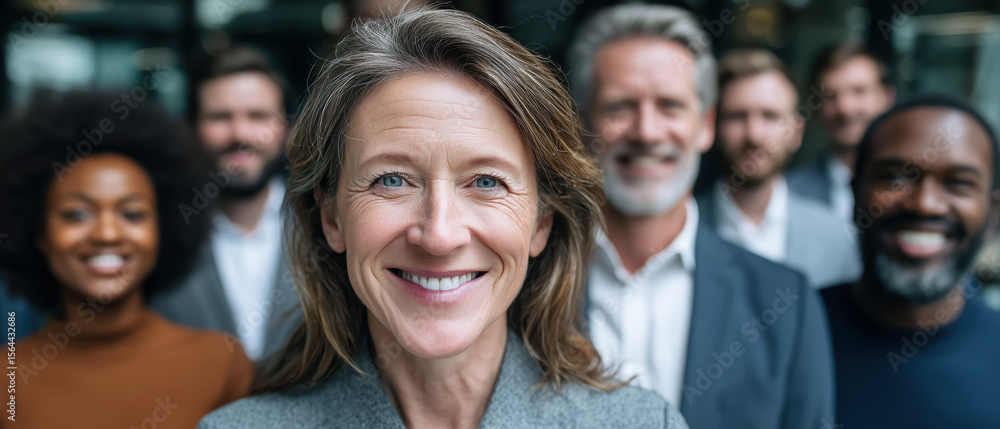 Obraz premium Smiling Woman Leading Diverse Team in Professional Office Environment with Happy Colleagues in Background