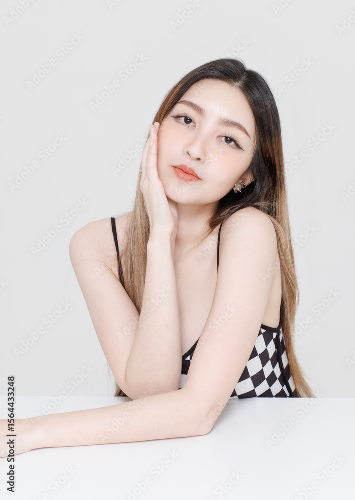 Portrait happy cheerful young asian beautiful woman gently clean fresh skincare, showcasing healthy smile look at camera on white background Ideal facial glowing treatment promotions wellness campaign Portrait happy cheerful young asian beautiful woman gently clean fresh skincare, showcasing healthy smile look at camera on white background Ideal facial glowing treatment promotions wellness campaign