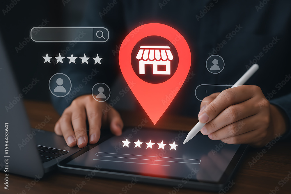 Fototapeta premium Digital business discovery and local search concept with a person using a tablet and stylus to explore customer reviews and ratings for nearby stores