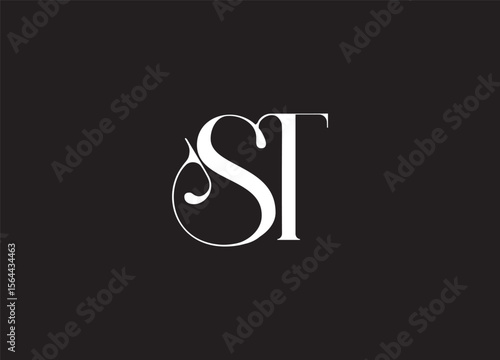 Elegant ST Monogram on Black Background: A minimalist and stylish monogram featuring the intertwined letters S and T, presented against a sleek black background.