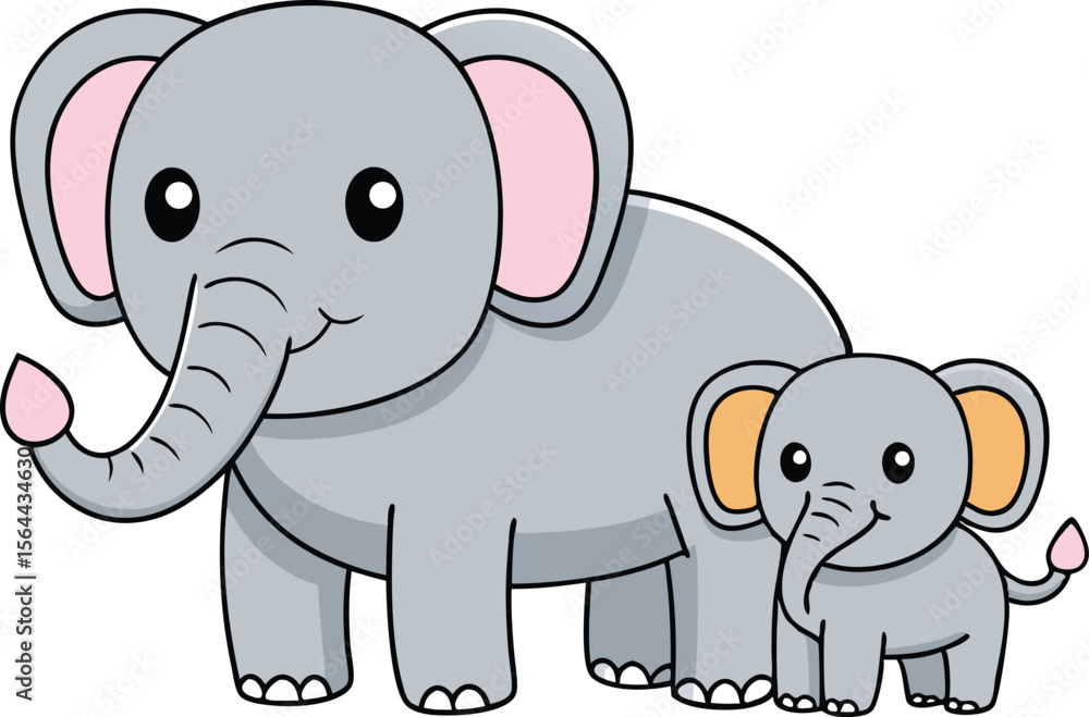 Fototapeta premium Cute Cartoon Mother and Baby Elephant Illustration