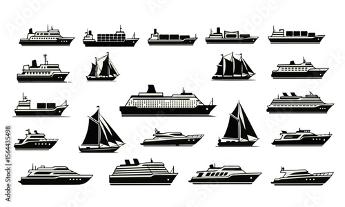 A minimalist vector art collection of sixteen diverse ship and boat silhouettes