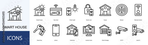 Smart house icon collection set. Containing Smart house, Key Card, Smart Light, Smart Lock, house icon.