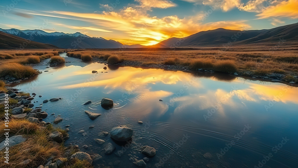 Fototapeta premium Serene mountain landscape with reflective river, golden grass, and vibrant sunset sky