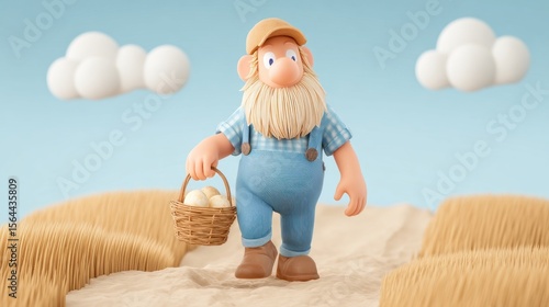 Playful Character in Overalls Carrying Basket of Eggs on Stylized Farm Background with Clouds and Wheat Field