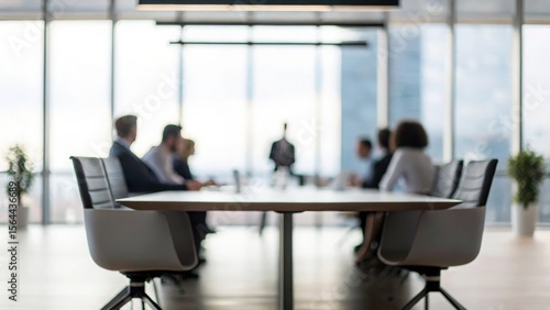 Defocused modern office interior showing business people seated around conference table	
