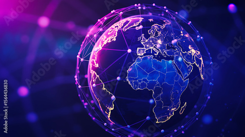 Fototapeta Naklejka Na Ścianę i Meble -  Digital glowing globe with global network connections and futuristic purple blue technology background

