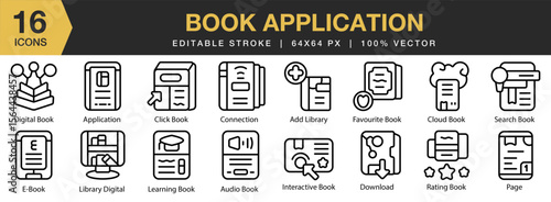 Book Application icon set. Editable Stroke Icon Collection. Includes book, application, app, reading, digital, library, and More. Outline icons vector collection.
