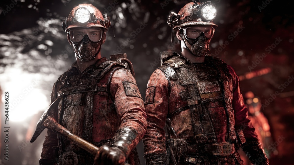 Two miners in rugged gear pose with tools in a dimly lit mine showcasing grit and the challenges of underground work Two miners in rugged gear pose with tools in a dimly lit mine showcasing grit and the challenges of underground work