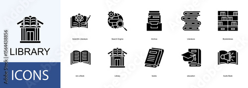 Library Management icon collection set. Containing Archive, Literature, Bookshelves, Book, Library icon.