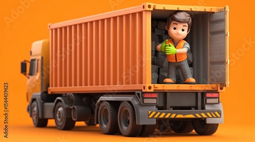 Cute cartoon character loading cargo in a shipping container on a bright orange background with a delivery truck in focus