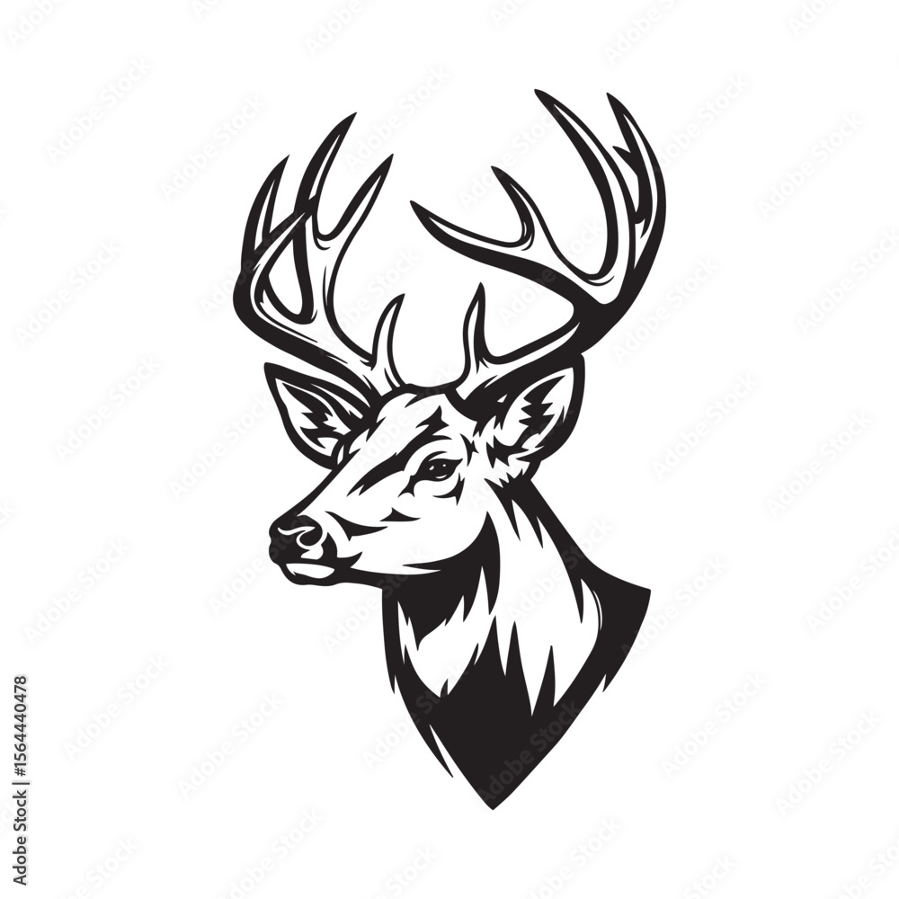 Naklejka premium Deer Head Silhouette, Buck Head Vector, Deer Hunting Clipart, Black and White Deer SVG, Antler Animal Illustration