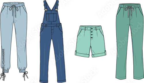 Modern women’s fashion pants, denim overalls, button shorts, drawstring trousers, stylish bottom wear, casual apparel, fabric illustration, flat design flat vector illustration