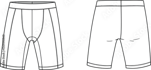 Technical flat sketch of compression shorts, tight fit design, front and back view, activewear style, detailed garment construction lines.