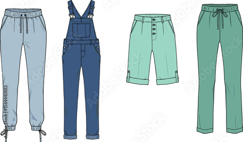Trendy casual pants, denim overalls, relaxed fit joggers, button shorts, drawstring trousers, stylish women’s fashion bottoms for daily comfort flat vector illustration