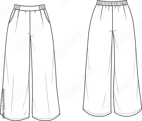 Wide leg palazzo pants flat sketch, elastic waistband, side pockets, technical drawing, fashion design template, casual loose garment vector.