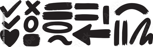Hand-Drawn Brushstroke Icon Set – heart, arrow, right arrow , cancel arrow, brush, Artistic Elements for Creative UI, Abstract Accents, and Expressive Design
