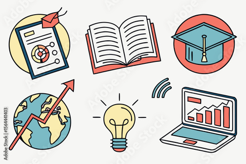 Icons represent online learning, academic achievement, and global education