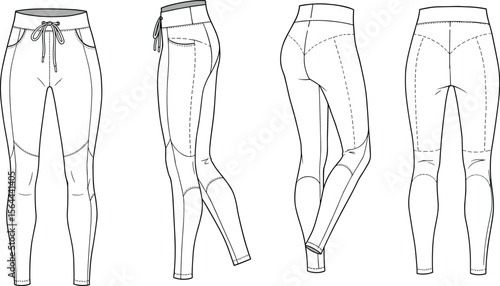 Women’s athletic leggings technical flat sketch with drawstring waistband, contour panels, knee seaming, back yoke, sporty fitted pants vector