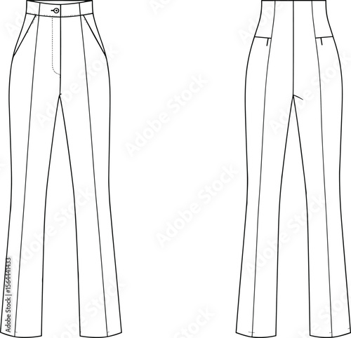 Women’s flared pants flat sketch with high waist, button closure, front pockets, back panel detail, fashion technical vector drawing