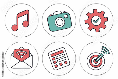 Multimedia icons including music note, camera, gear, and email