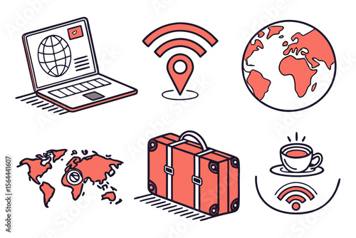 Six travel and technology icons isolated on white background