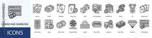 Casino and Gambling icon collection set. Containing Domino, Money, Blackjack, Poker Chip, dices icon.
