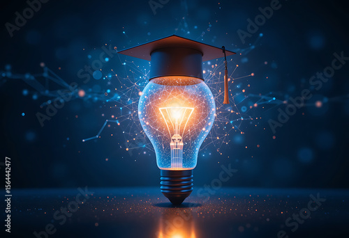Futuristic Glowing Light Bulb with Graduation Cap Innovative Education and AI Technology Concept