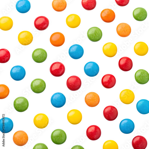 A vibrant assortment of colorful round candies scattered across a black background isolated on transparent background