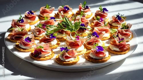 Elegant platter of gourmet canapés topped with prosciutto and edible flowers in soft sunlight