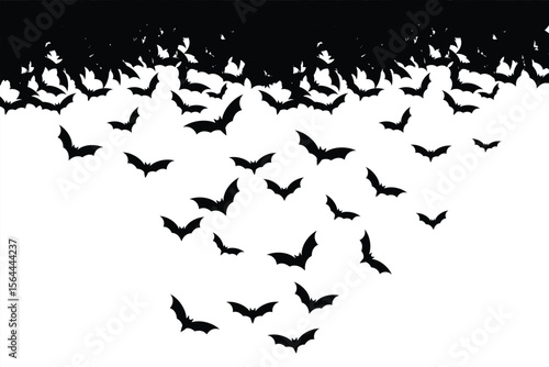 Flying Bats Silhouette Vector. Vector illustration of many bats flying in a black silhouette style.