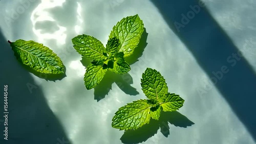 Fresh mint leaves floating on water surface with soft shadows creating a serene atmosphere