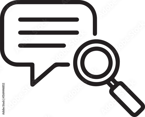 Black and white simple line art icon of a speech bubble with a magnifying glass symbol text