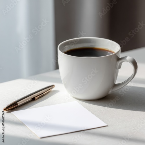 Minimalist Coffee Break Mockup: Blank Notecard, Pen, Coffee