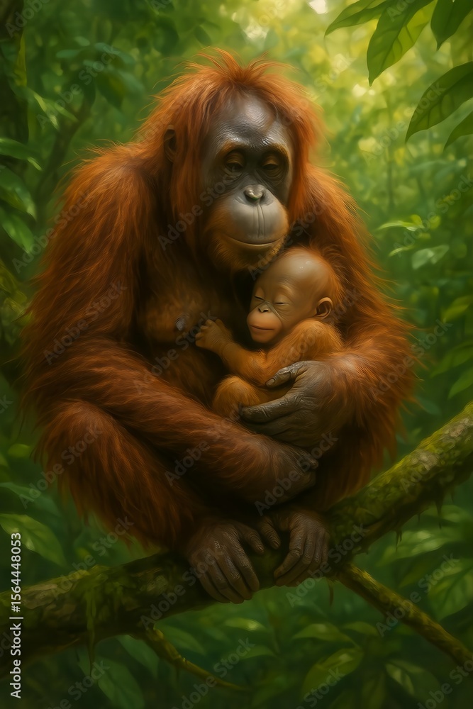 Fototapeta premium A heartwarming scene of a mother orangutan gently cradling her baby in the forest, expressing deep emotional bonding and unconditional love.