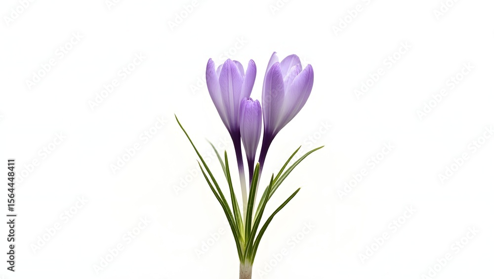 Naklejka premium Photorealistic image of a purple Crocus plant isolated on white. Delicate cup-shaped bloom with grass-like leaves. Botanical macro with soft light and natural detail.