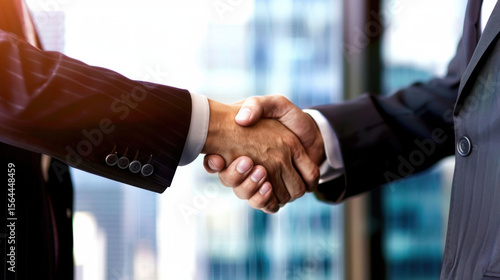 Two business professionals shaking hands in a modern office