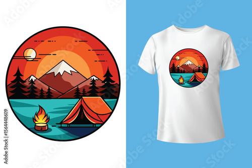 Forest explore design. Mountain camping. Adventure at the mountain graphic artwork for t shirt and others. River and waterfall with hill artwork. Mountain with tree vintage print design