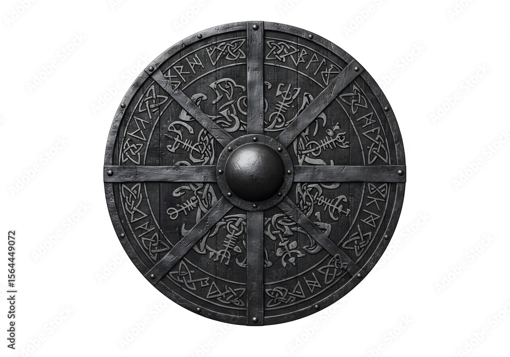 Naklejka premium Ancient Norse Viking Shield with Runes and Celtic Knotwork: A Detailed 3D Render