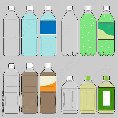 空のペットボトル、飲み物の入ったペットボトル、ラベルの付いたペットボトルイラストセット