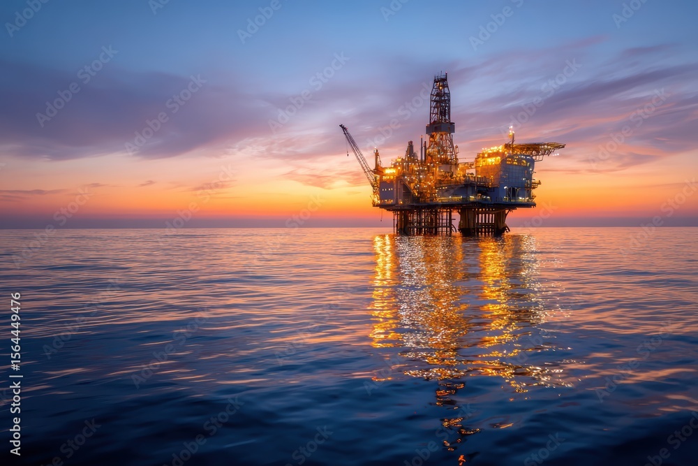 Fototapeta premium Stunning Sunset over Oil Rig in Ocean, Illuminated Structure Reflecting in Calm Water, Industrial Infrastructure against Vibrant Sky in Evening Light