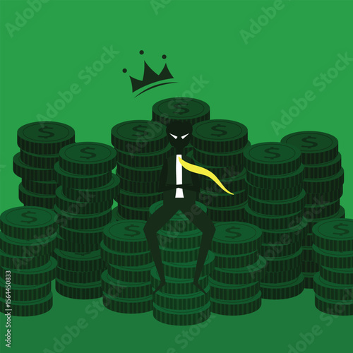 a person sitting on a coin. greedy evil character. money-grubbing boss. rich successful businessman. evil businessman character vector design